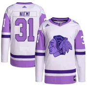 Adidas Antti Niemi Chicago Blackhawks Men's Authentic Hockey Fights Cancer Primegreen Jersey - White/Purple