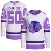 Adidas Corey Crawford Chicago Blackhawks Youth Authentic Hockey Fights Cancer Primegreen Jersey - White/Purple
