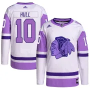 Adidas Dennis Hull Chicago Blackhawks Men's Authentic Hockey Fights Cancer Primegreen Jersey - White/Purple