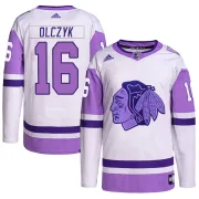 Adidas Ed Olczyk Chicago Blackhawks Men's Authentic Hockey Fights Cancer Primegreen Jersey - White/Purple