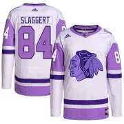 Adidas Landon Slaggert Chicago Blackhawks Men's Authentic Hockey Fights Cancer Primegreen Jersey - White/Purple
