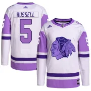 Adidas Phil Russell Chicago Blackhawks Men's Authentic Hockey Fights Cancer Primegreen Jersey - White/Purple