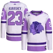 Adidas Philipp Kurashev Chicago Blackhawks Youth Authentic Hockey Fights Cancer Primegreen Jersey - White/Purple