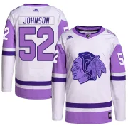 Adidas Reese Johnson Chicago Blackhawks Men's Authentic Hockey Fights Cancer Primegreen Jersey - White/Purple
